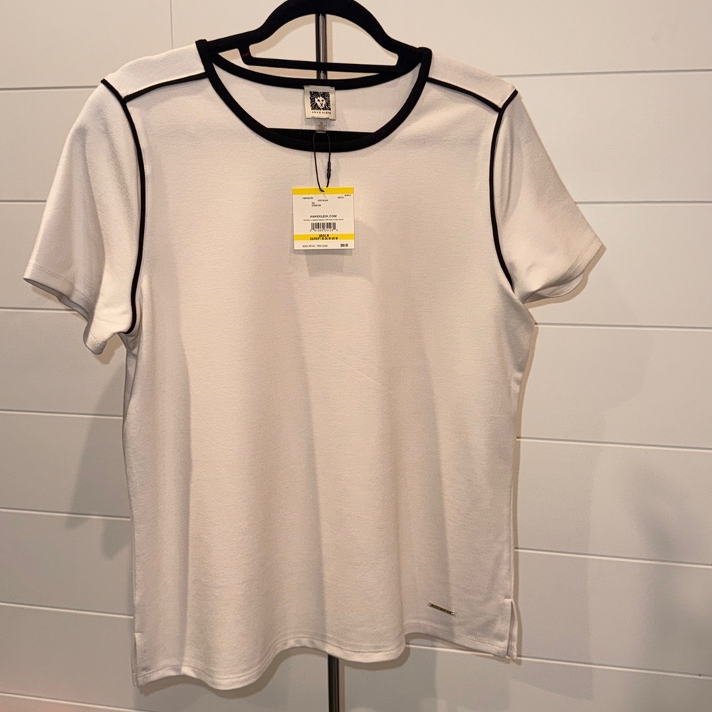NWT Anne Klein Ringer T-Shirt Top - Ivory/Black Contrast Trim - Size Medium